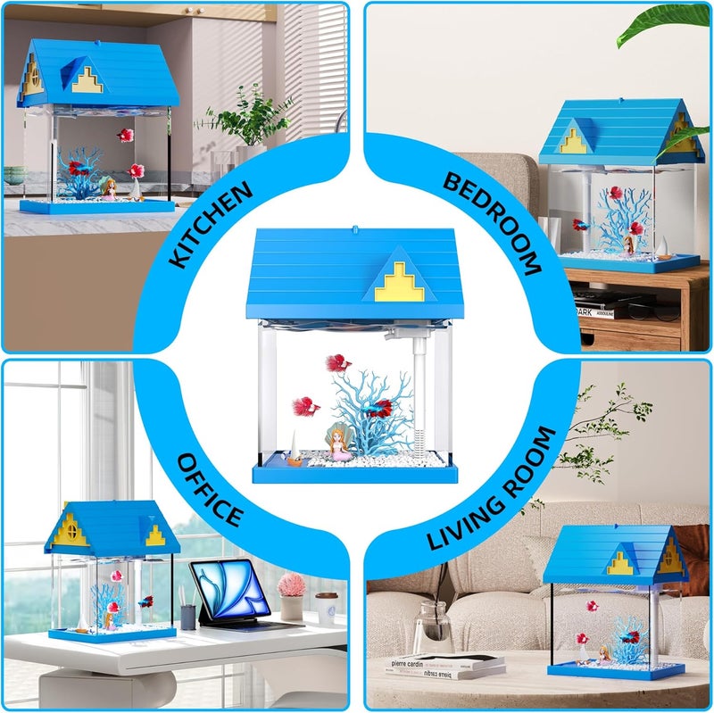 FREESEA Aquarium Betta Fish Tank: 2 Gallon Glass Betta Tank with Filter and Light for Shrimp Jellyfish Goldfish - Small Aquarium Starter Kit for Home Office Room Decorative Desktop Kids Gifts - Image 2